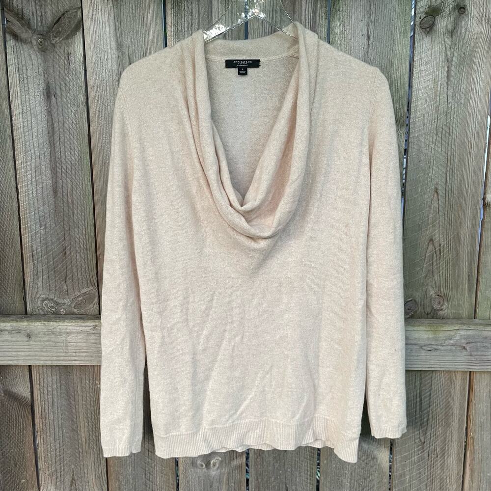 Ann Taylor Knit Cashmere Sweater‎ Cowl Neck Long Sleeves Pullover Cream Large